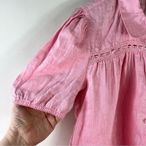 Laura Ashley Pink Size Medium Puff Sleeve 100% Linen Top Button Up Blouse Collar - Picture 6 of 9